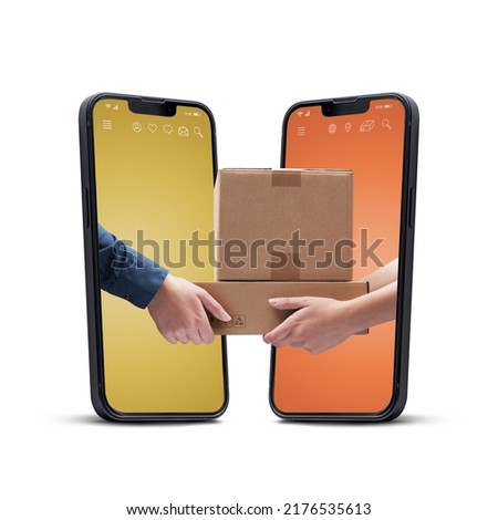 Express courier delivering parcels to a customer, two smartphones facing each other, online shopping and delivery service concept Royalty-Free Stock Photo #2176535613