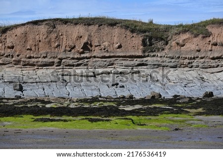 Multiple layers of geological strata on cliff face on north of Annstead Beach between Seahouses and Beadnell, Northumberland, England Royalty-Free Stock Photo #2176536419