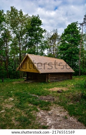 Wood house in the forest .Old wooden house middle of forest.old wooden house in the forest, digital photo picture as a background .