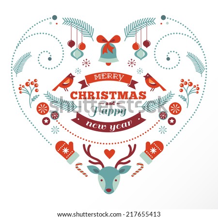 Vintage Christmas heart design with birds, elements, ribbons and deer
