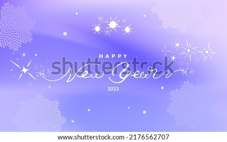 Happy new year 2023 vector banner. New year holiday cover with lettering. Abstract purple light background. Gradient abstract background in purple with sparkles and snowflakes. Winter blur background
