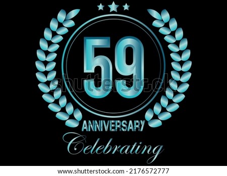 59 years blue sapphire anniversary logo, with shiny ring and laurel wreath isolated on black background, vector design.