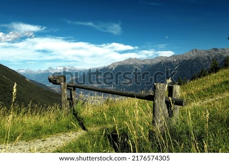 Panoramic view from Aminona-Sur-Sierre mountain village, Valais, Switzerland, Matterhorn, Weisshorn. Royalty-Free Stock Photo #2176574305