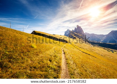 Great view on the  Odle - Geisler group. National Park valley Val Gardena. Dolomites, South Tyrol. Location Ortisei, S. Cristina and Selva Gardena, Italy, Europe. Dramatic morning scene. Beauty world.
