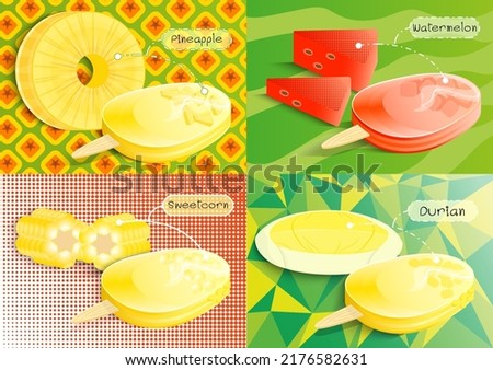 ice cream stick vector set in various fruit flavors Your favorite summer freshness From the fruit pulp in ice cream and cooling. Use for preparing food or as you want to use.