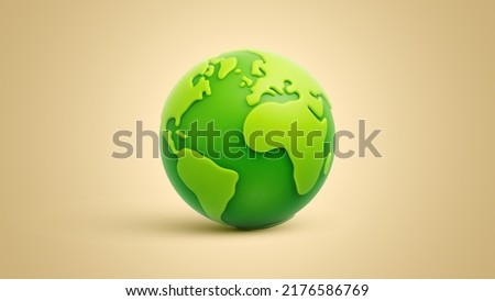 Green cartoon planet Earth on light brown background. Earth Day. Green planet. Ecological concept. Mother Nature. Realistic 3d vector illustration