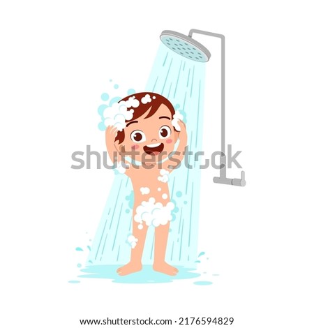little kid take a shower and wash body Royalty-Free Stock Photo #2176594829