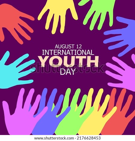 Bold text with colorful various hands decorations on dark purple background to celebrate International Youth Day on August 12
