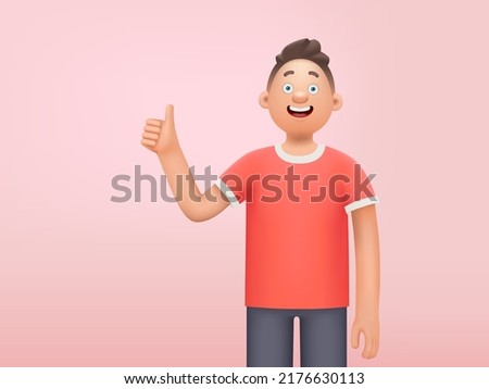 Happy man shows a cool gesture. Joyful character showing thumb up. 3D vector illustration