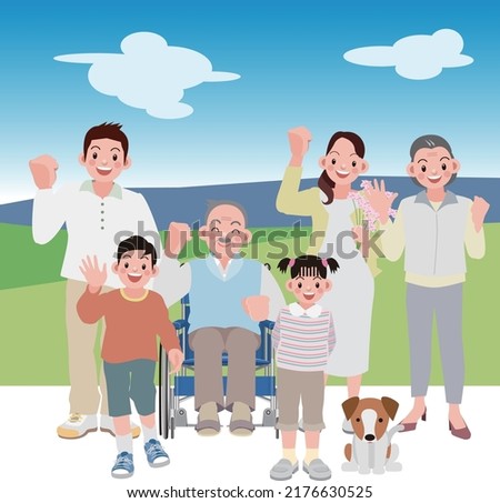 The entire family cheerfully poses around the old man in his wheelchair.vector illustration Royalty-Free Stock Photo #2176630525