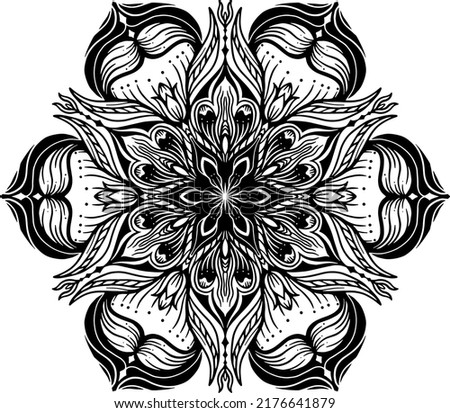 Black and white circle flower pattern in vintage mandala style for tattoos, fabrics or decorations and more. Vector illustration.