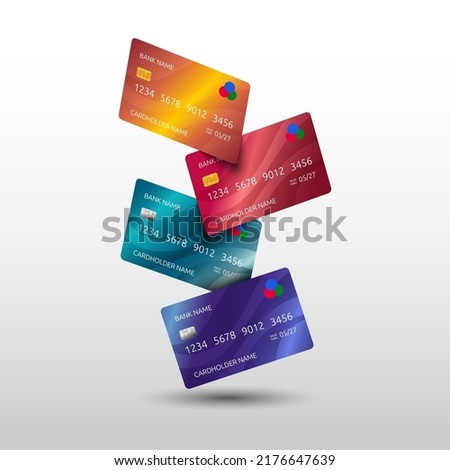 Falling credit cards. 3D fly money. Bank cashless payment. Debit finance elements. Business ATM pay concept. Realistic banking objects. Financial transactions. Vector cover background Royalty-Free Stock Photo #2176647639