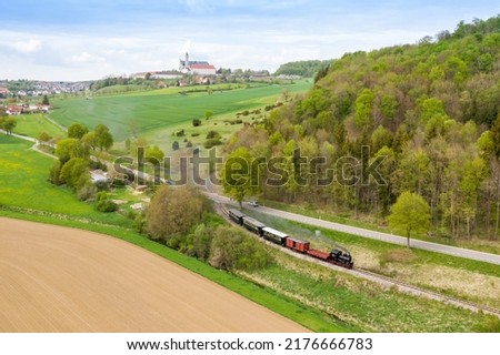Haertsfeld Schaettere steam train locomotive museum railway rail aerial view in Neresheim Germany