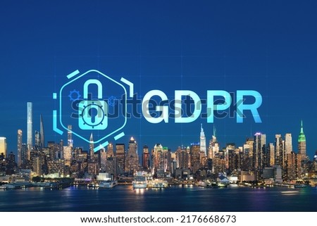 New York City skyline from New Jersey over the Hudson River with skyscrapers at night, Manhattan, Midtown, USA. GDPR hologram, concept of data protection, regulation and privacy for all individuals