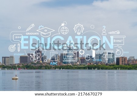 Panorama skyline, city view of Boston at day time, Massachusetts. Building exteriors of financial downtown. Technological and educational concept. Academic research, top ranking universities, hologram