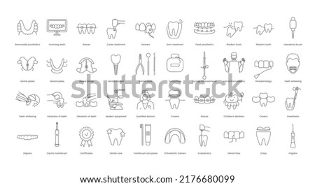 A set of linear vector icons with dental instruments, treatment and doctor. Vector illustration for dental clinics and offices, fixed and removable prosthetics, periodontology, interdental brush Royalty-Free Stock Photo #2176680099