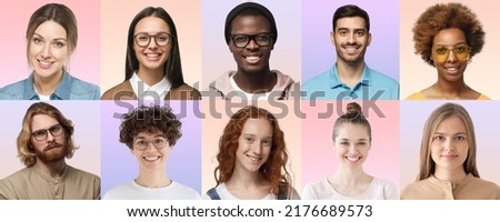 Colorful set of portrait and face of multiracial group of various smiling young people for userpic, avatar and profile picture. Diversity concept 