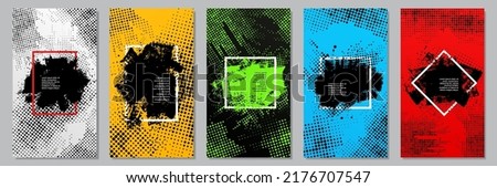 Vector illustration. Grunge frame gradient color. Halftone dots texture, grunge ink brush strokes. Design elements for flyer, phone template wallpaper, coupon, voucher. Dynamic background set Royalty-Free Stock Photo #2176707547