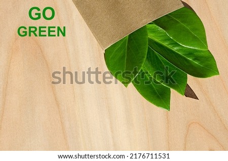 Eco friendly packaging, paper recycling, zero waste, natural products concept. Idea for business. Invitation card with green leaf