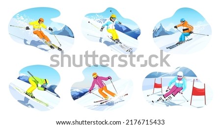 Set of skiers isolated on white background. Colorful skier rides. Winter sport characters slides in mountains. Ski actions: downhill, slalom, freeride, freestyle. Skiing in Alps. Vector illustration Royalty-Free Stock Photo #2176715433