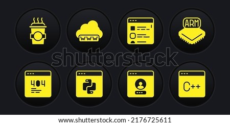Set Page with a 404 error, Processor, Python programming language, Create account screen, Browser files, Web development, Software and Coffee cup to go icon. Vector