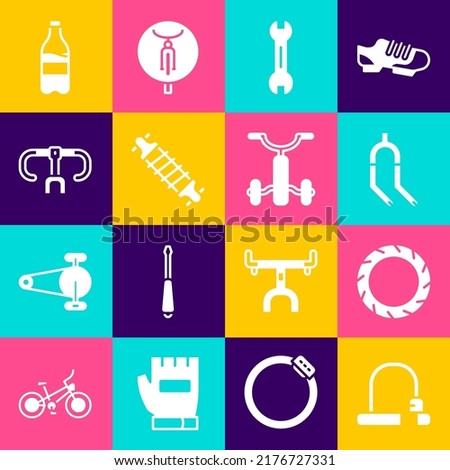 Set Bicycle lock, wheel tire, fork, Wrench spanner, suspension, handlebar, Sport bottle with water and kids icon. Vector
