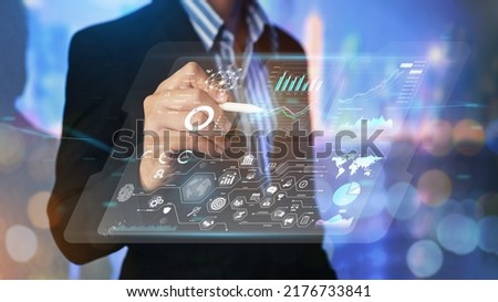 Business analysis big data screen and economic growth with financial graph. Concept of virtual dashboard technology digital marketing and global economy network connection. 3D illustration.