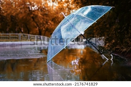 transparent umbrella in water drops in puddle on road, natural abstract blurred background. autumn landscape. symbol of rainy season, bad wet stormy weather. melancholy mood Royalty-Free Stock Photo #2176741829