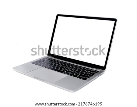 Front view of Laptop with blank screen in angled position. Blank white screen display for mockup isolated on white background, mockup template, with clipping path. Royalty-Free Stock Photo #2176746195