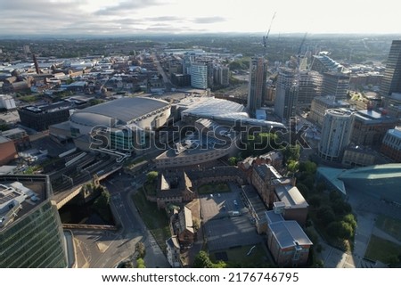 Manchester Arena City Centre Drone Aerial View Above Building Work Skyline Construction Blue Sky Summer 2022 Royalty-Free Stock Photo #2176746795
