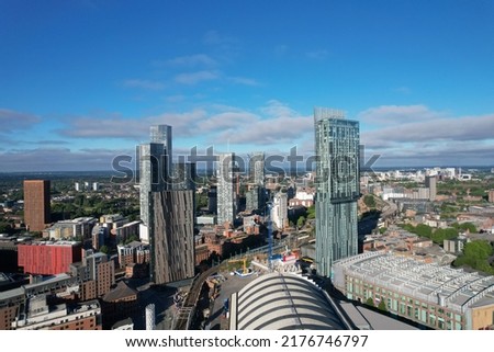 Manchester City Centre Drone Aerial View Above Building Work Skyline Construction Blue Sky Summer 2022 Beetham Tower Deansgate