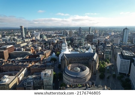 Manchester City Centre Drone Aerial View Above Building Work Skyline Construction Blue Sky Summer 2022 Town Hall