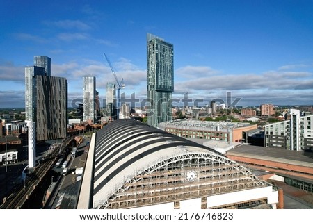 Manchester City Centre Drone Aerial View Above Building Work Skyline Construction Blue Sky Summer 2022 Beetham Tower Deansgate