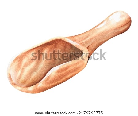 Wooden food scoop. Watercolor vintage illustration. Isolated on a white background. For design of joiner's blog, packaging of bulk products, eco friendly shopping promotion.