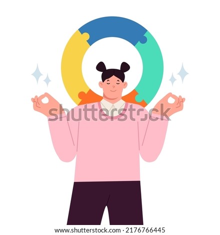 Harmony balance and personal integrity concept. Smiling woman with eyes closed standing feeling balance with colorful circle. Vector illustration
