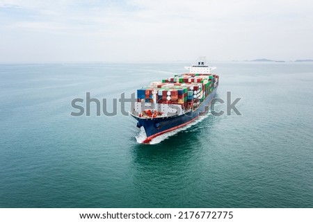 cargo container ship sailing in sea import and export business and industry logistic goods transportation of international by container ship in ocean fright aerial view photograph from drone 