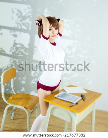 gym uniform japanese style young girl with cat ear