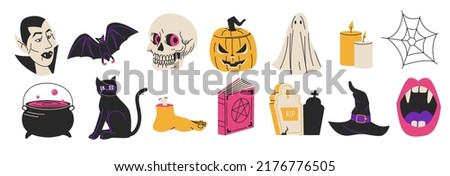 Halloween Elements Set. Cute cartoon spooky characters and elements. Hand drawn trendy illustration. 