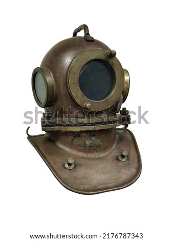 Vintage brass diving helmet. Part of a diving suit. Isolate on a white background. Royalty-Free Stock Photo #2176787343