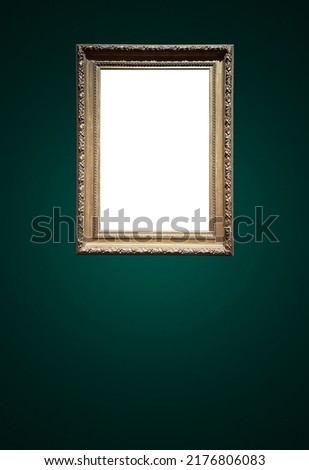 Antique art fair gallery frame on royal green wall at auction house or museum exhibition, blank template with empty white copyspace for mockup design, artwork concept Royalty-Free Stock Photo #2176806083