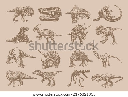 Vector big vintage collection of dinosaurs and varans , graphical elements on sepia background