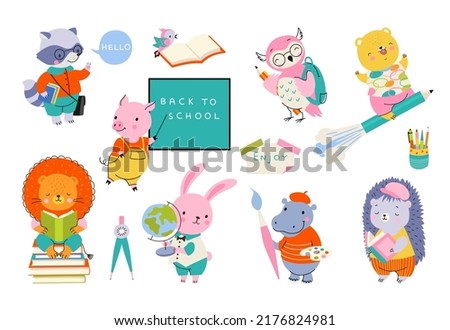 Cute animal back to school to study. Smart animals writing, reading book and drawing. Cartoon pig at blackboard, funny students nowaday vector characters