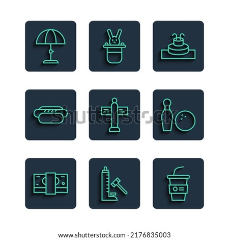 Set line Stacks paper money cash, Striker attraction with hammer, Paper glass water, Fountain, Road traffic signpost, Hotdog, Sun protective umbrella and Bowling pin and ball icon. Vector Royalty-Free Stock Photo #2176835003