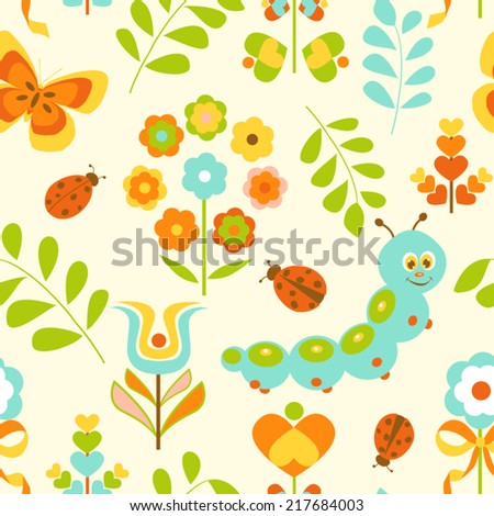 Seamless spring garden pattern with butterfly, cute caterpillar, ladybug  and abstract flowers 
