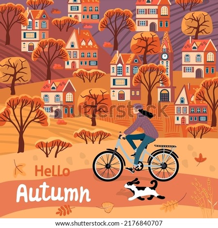 Autumn card with houses, trees, girl on  bicycle, dog and fallen leaves. Colorful background for design invitations, discount vouchers, promotion,poster.Vector stationery template.