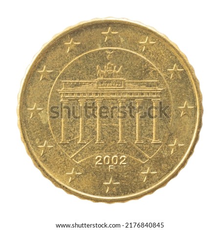 European Union 10 ten cents copper aluminum alloy coin made in Karlsruhe Germany image Brandenburg Gate mint 2002 Royalty-Free Stock Photo #2176840845