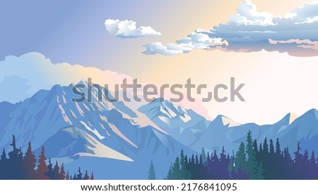 4K Summer mountain vector landscape background HD wallpaper. Snow, cloud, forest background with watercolor illustration. EPS 10 vector art Royalty-Free Stock Photo #2176841095