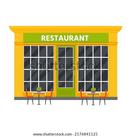 Vector flat design restaurants exterior and shops facade: book store, barber shop, supermarket, coffee. Store front window buildings icons isolated on white background.
