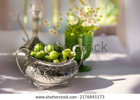 Green ripe gooseberries in an antique silver vase on the table. Beautiful still life with gooseberries and antique dishes and natural contrasting light. Picture on the wall