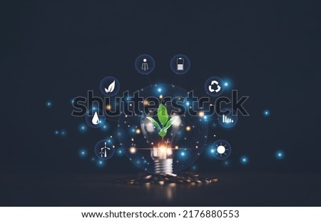 Environmental protection and renewable energy concept, Growing green tree on light bulb with stack of coins, Alternative sources of energy, Reducing costs by using renewable energy. Royalty-Free Stock Photo #2176880553